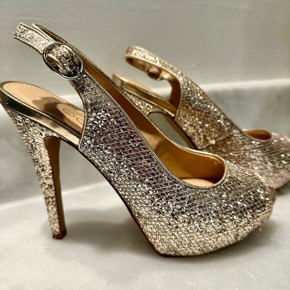 Aldo Britany Sparkly Peep Toe Slingback Stiletto Heel Platform Pumps Gold Size 7 - Picture 1 of 8